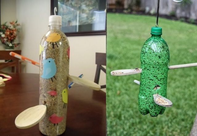 Кормушка для птиц из ложек и пластиковой бутылки