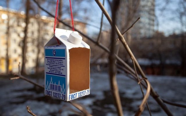 Простой скворечник из пакета молока